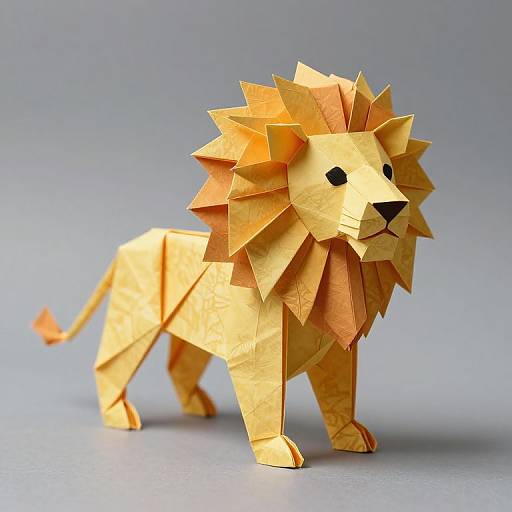 Photograph of a detailed, yellow origami lion with a spiky mane, black eyes, and a pointed tail, set against a gray background.