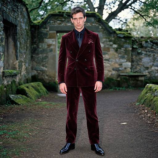 Photograph of a fair-skinned man in a dark burgundy velvet suit, black shirt, and black shoes, standing on a mossy stone path