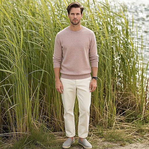 Photograph of a bearded man with short brown hair, wearing a light pink sweater, white pants, and grey shoes, standing in tall green re
