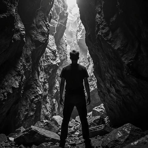 Man Standing in Narrow Rocky Cave Entrance