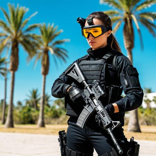 Woman in Tactical Gear Holding Assault Rifle Outdoors