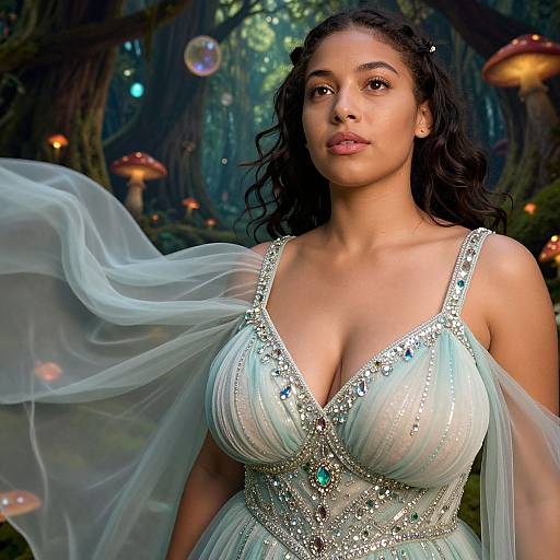 Digital fantasy portrait of a curvy, dark-haired woman with large breasts in a shimmering, low-cut, green gown, amidst glowing mushrooms in a