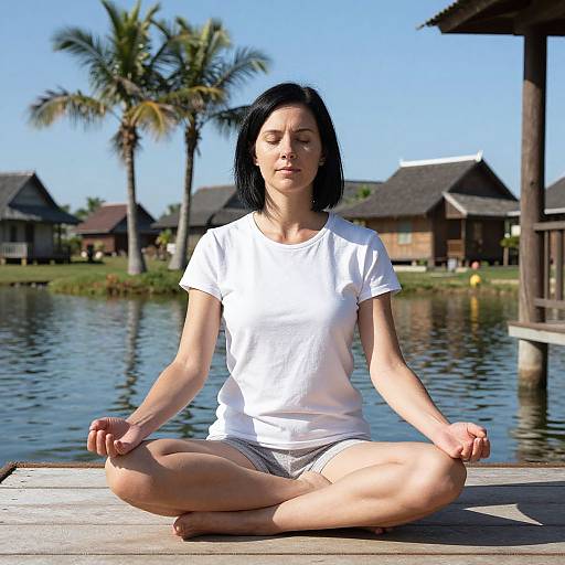 Photograph of a fair-skinned, black-haired woman in white t-shirt and gray shorts, meditating cross-legged on a wooden dock by a tropical