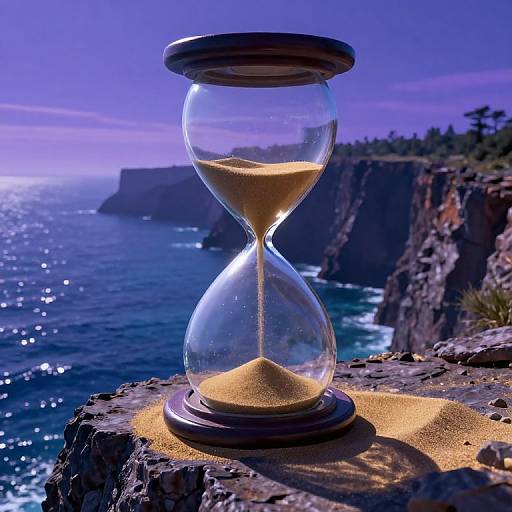 Photograph of a glass hourglass with golden sand, standing on a rocky cliff overlooking a shimmering ocean under a purple twilight sky.