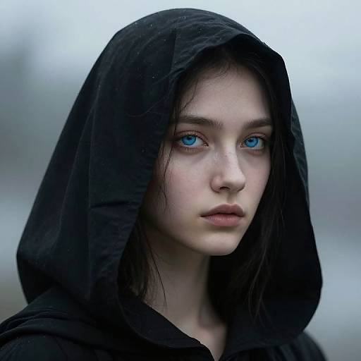 Photograph-style digital artwork of a pale-skinned young woman with striking blue eyes, wearing a black hooded cloak, set against a blurred, mist