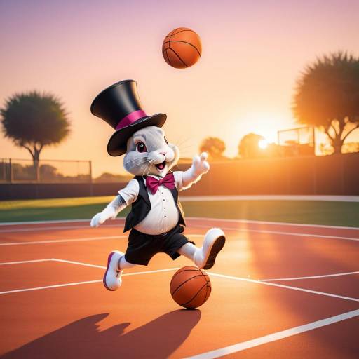 Rabbit in Top Hat Playing Basketball at Sunset