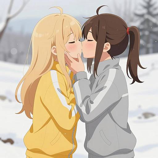 Winter Kiss: Anime Girls Embracing Love