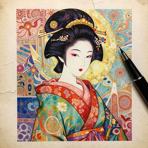 Vibrant digital illustration of a Japanese geisha with black hair, red lips, floral kimono, gold hairpins, and ornate background.
