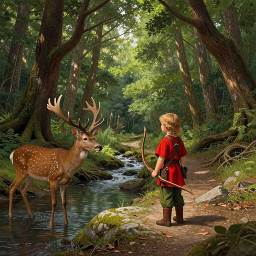 Fantasy illustration: Young boy with blonde hair, red tunic, and green pants stands by a forest stream, looking at a deer with large ant