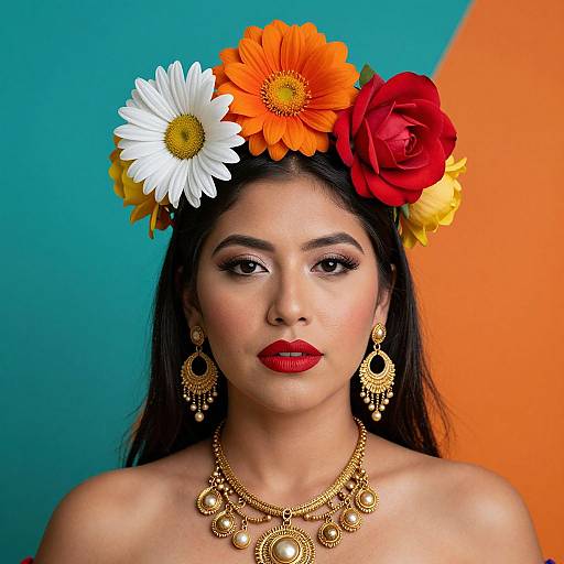 Photograph of a Latina woman with dark hair, red lipstick, wearing a colorful flower crown, gold jewelry, and an orange-blue background.