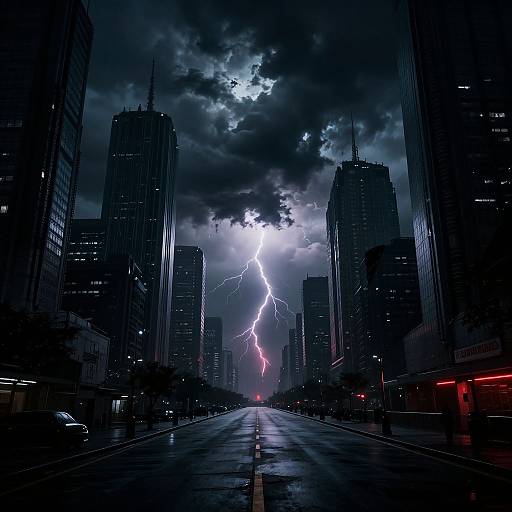 Photograph of a dark, stormy city street with tall skyscrapers, lightning striking the sky, and rain reflecting on the wet pavement.