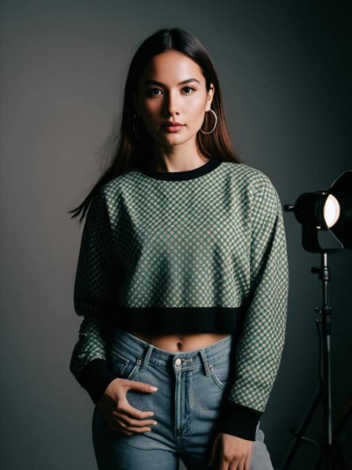Woman in casual streetwear with patterned black top