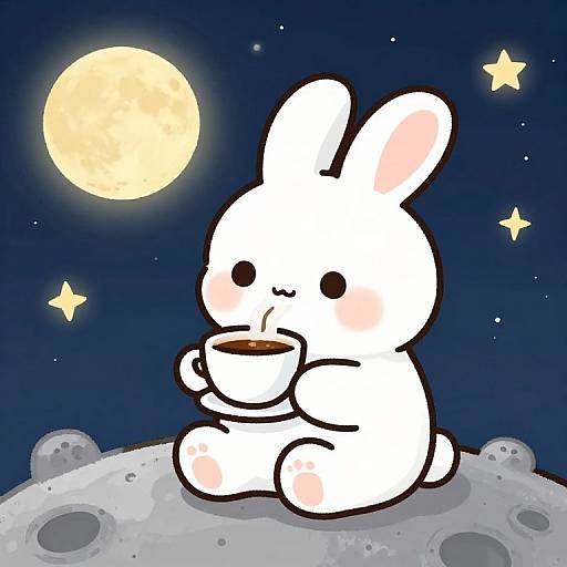 Cute Rabbit Enjoying Coffee on Moon