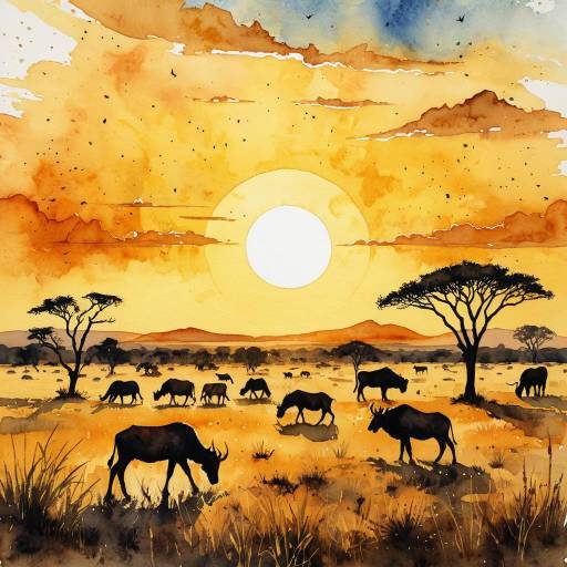 Golden Savanna Sunset Watercolor Art Golden Savanna Sunset Watercolor Art
