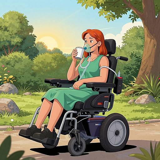 Digital illustration of a red-haired woman in a green dress, using a phone in a black wheelchair, sitting outdoors on a sunny day with lush greenery