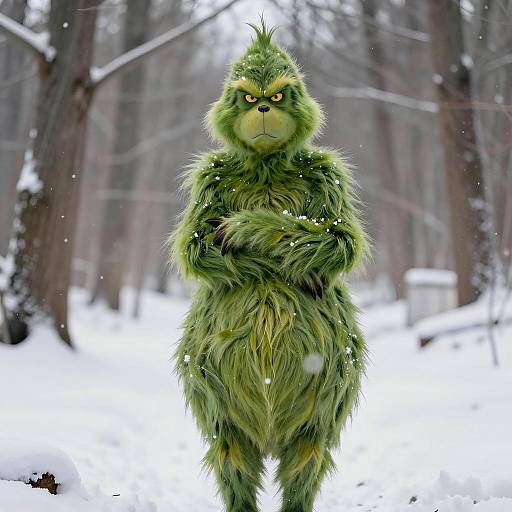 Grinch-Inspired Character in Snowy Forest
