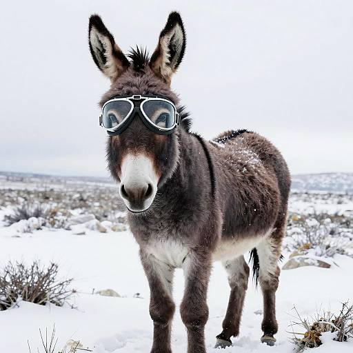 Donkey in Aviator Goggles on Snowy Tundra