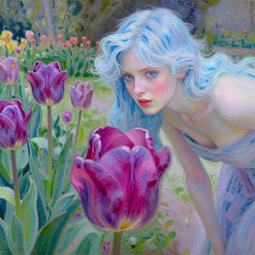 Digital painting of a pale-skinned woman with blue wavy hair, red lips, and a sheer dress, bending over purple tulips in a vibrant