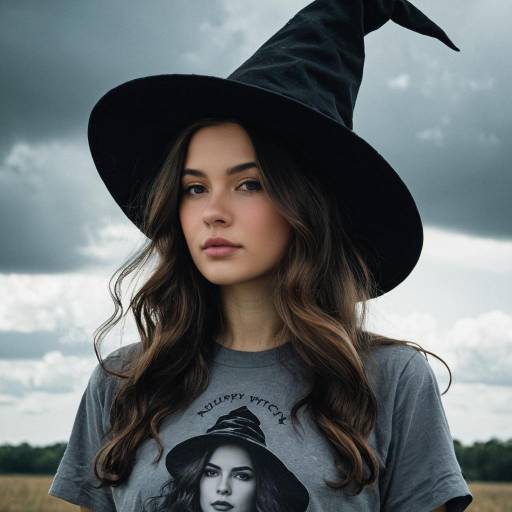 Young Woman in Witch Hat and Graphic Tee