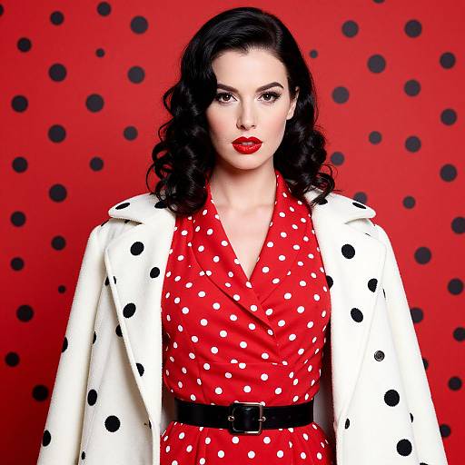 Photograph of a pale-skinned woman with black curly hair, red polka dot dress, white polka dot coat, red lips, black belt