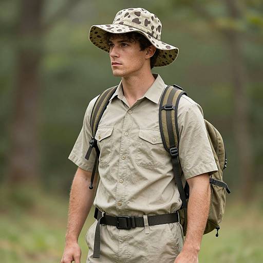 Photograph of a young Caucasian man in camouflage hat and beige uniform, carrying a backpack, walking in a forest. Serious expression, green blurred background.