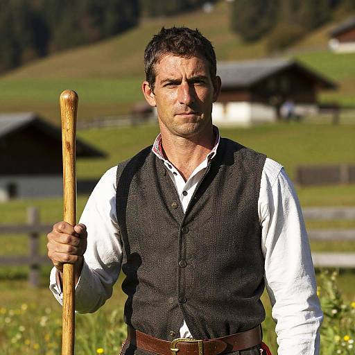 Photograph of a rugged, middle-aged man with short dark hair, wearing a white shirt and black vest, holding a wooden staff, standing in a