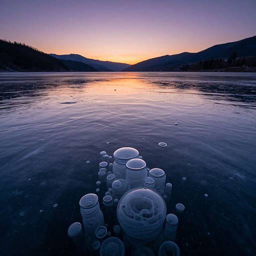 Photograph of a serene lake at sunset, with a cluster of ice bubbles rising from the dark, reflective water, silhouetted mountains, and