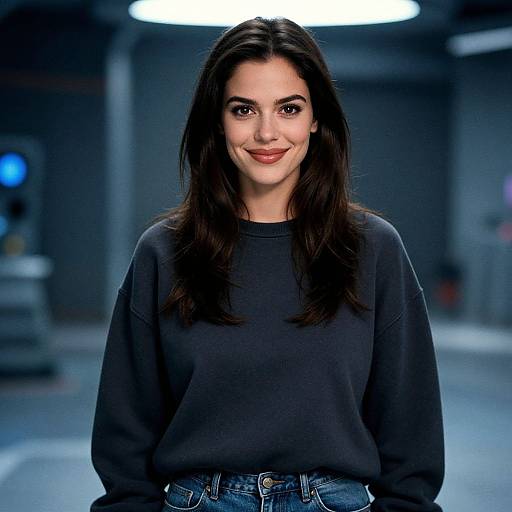 Photograph of a smiling woman with long dark hair, wearing a black sweatshirt and blue jeans, standing in a blurred, industrial background with bright lights