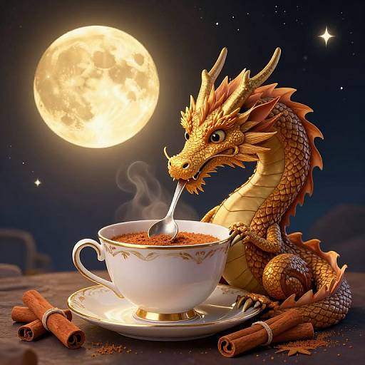 Digital illustration of a golden dragon sipping tea from a white cup, under a glowing full moon, with cinnamon sticks scattered on a dark table.