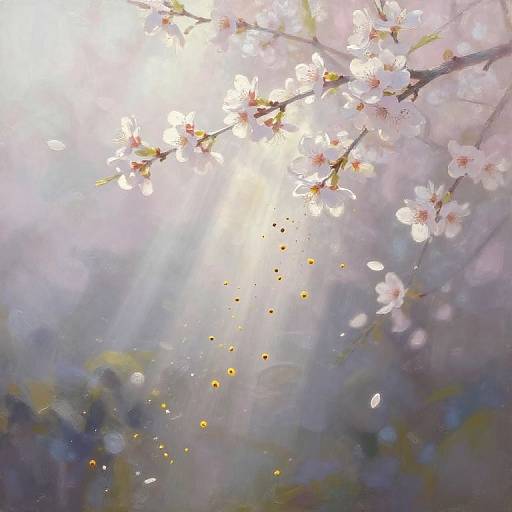 Photograph of sunlit cherry blossoms with delicate white petals and pink centers, surrounded by soft light rays and floating yellow pollen.