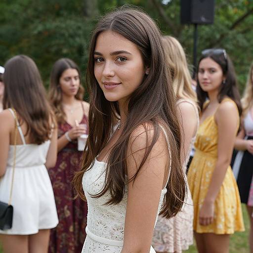 Photograph of a young woman with long brown hair, wearing a white lace dress, smiling slightly, surrounded by other women in summer dresses outdoors.