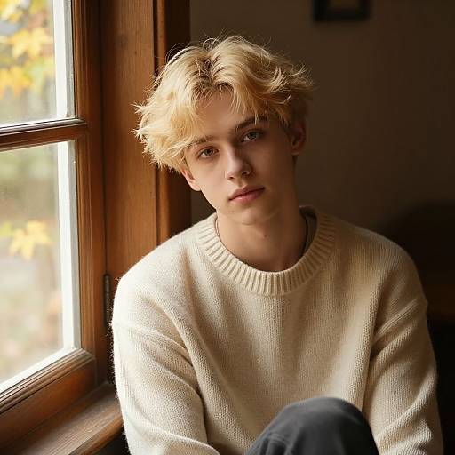 Photograph of a young man with blond, wavy hair, wearing a cream knit sweater, sitting by a sunlit wooden window.