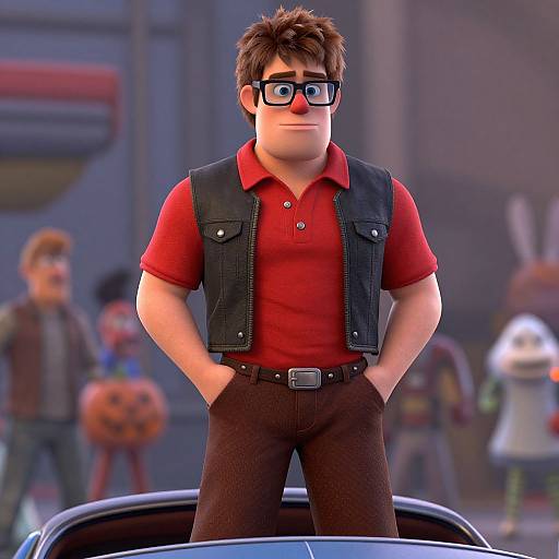 CGI image of a nerdy, fair-skinned man with brown hair, glasses, and red shirt, wearing a black vest and brown pants,