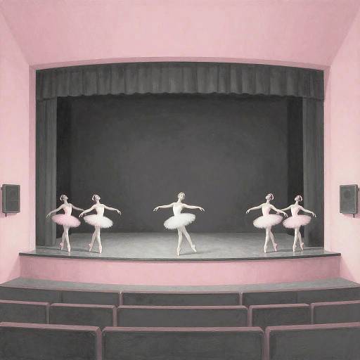 Photograph of three white silhouetted ballerinas in tutus standing in a row on a dark stage with pink walls.