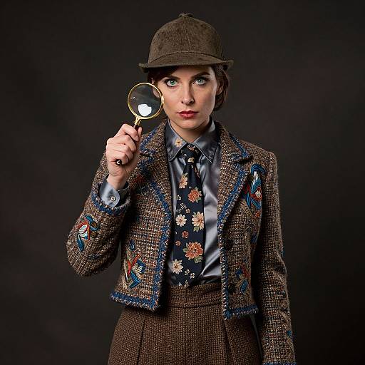 Photograph of a pale-skinned woman with short brown hair, wearing a brown hat, patterned jacket, and floral tie, holding a magnifying