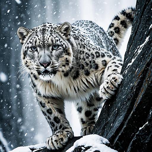 Snow Leopard Climbing in Snowstorm