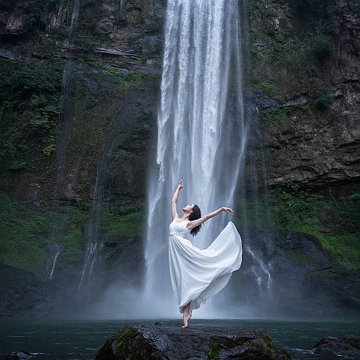 Photograph of a woman in a flowing white dress dancing under a tall, cascading waterfall, surrounded by dark, moss-covered rocks.