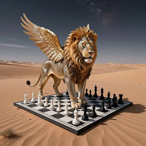 Photorealistic CGI: Golden winged lion with fiery eyes stands on chessboard in desert, under starry night sky, surrounded by sand dunes