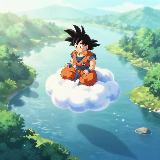 Digital anime-style artwork of Super Saiyan Goku sitting on a cloud above a blue river, surrounded by lush greenery.