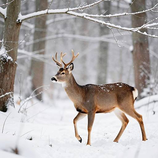 Photograph of a deer with small antlers standing in a snowy forest, its brown coat contrasting with the white snow and blurred tree branches in the background