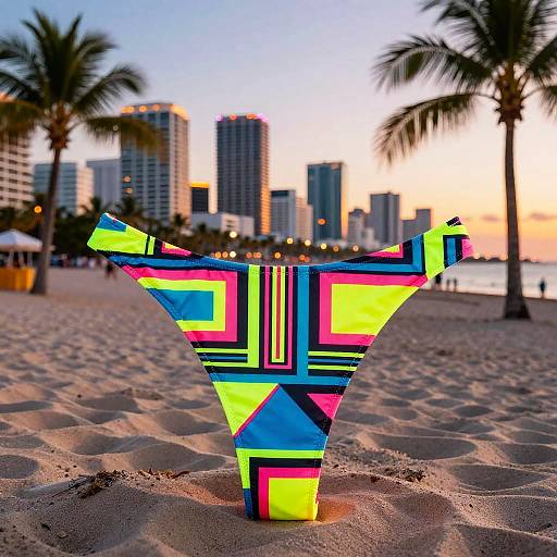 Vibrant, neon geometric-patterned beach stand silhouetted against a sunset city skyline with palm trees, modern buildings, and sandy shore.