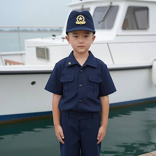 Boy in Navy Uniform by Boat
