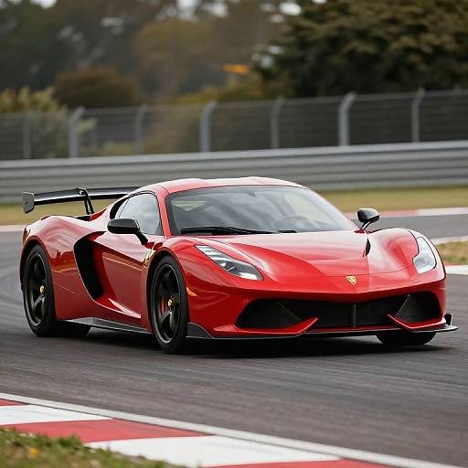 Photograph of a sleek, red Ferrari 488 GTB with black rims, racing on a track with white and red curbs, blurred trees in
