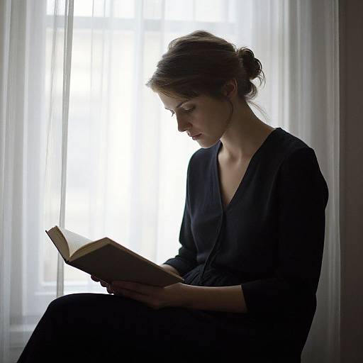 Silhouetted woman in black dress, reading book, seated by bright window with sheer curtains, soft light, contemplative expression. Photograph.