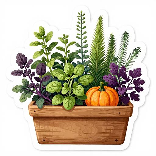 Digital illustration of a wooden planter filled with green and purple leafy plants, a small orange pumpkin, and various greenery.