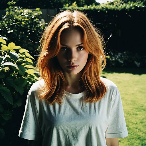 Woman with Strawberry Blonde Hair in Garden