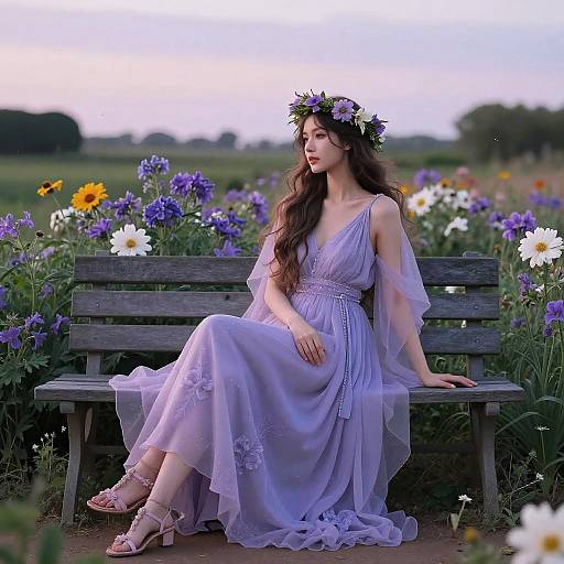 Photograph of a fair-skinned woman with long brown hair, wearing a lavender dress and flower crown, sitting on a wooden bench in a vibrant,