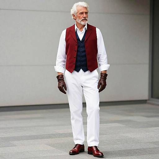 Elderly man with white hair and beard, wearing white pants, white shirt, red vest, black vest, brown gloves, and brown shoes,