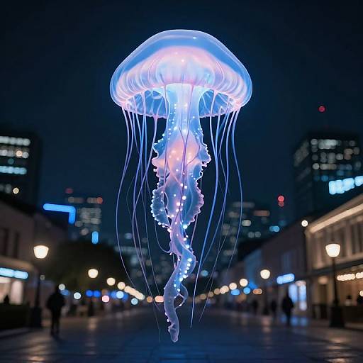 Photograph of a glowing blue and white jellyfish floating in an illuminated urban night scene with blurred city lights and buildings.