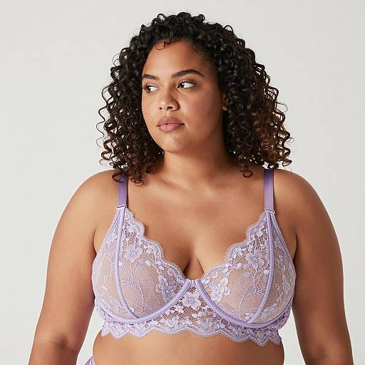 Curvy woman in lavender lace bra
